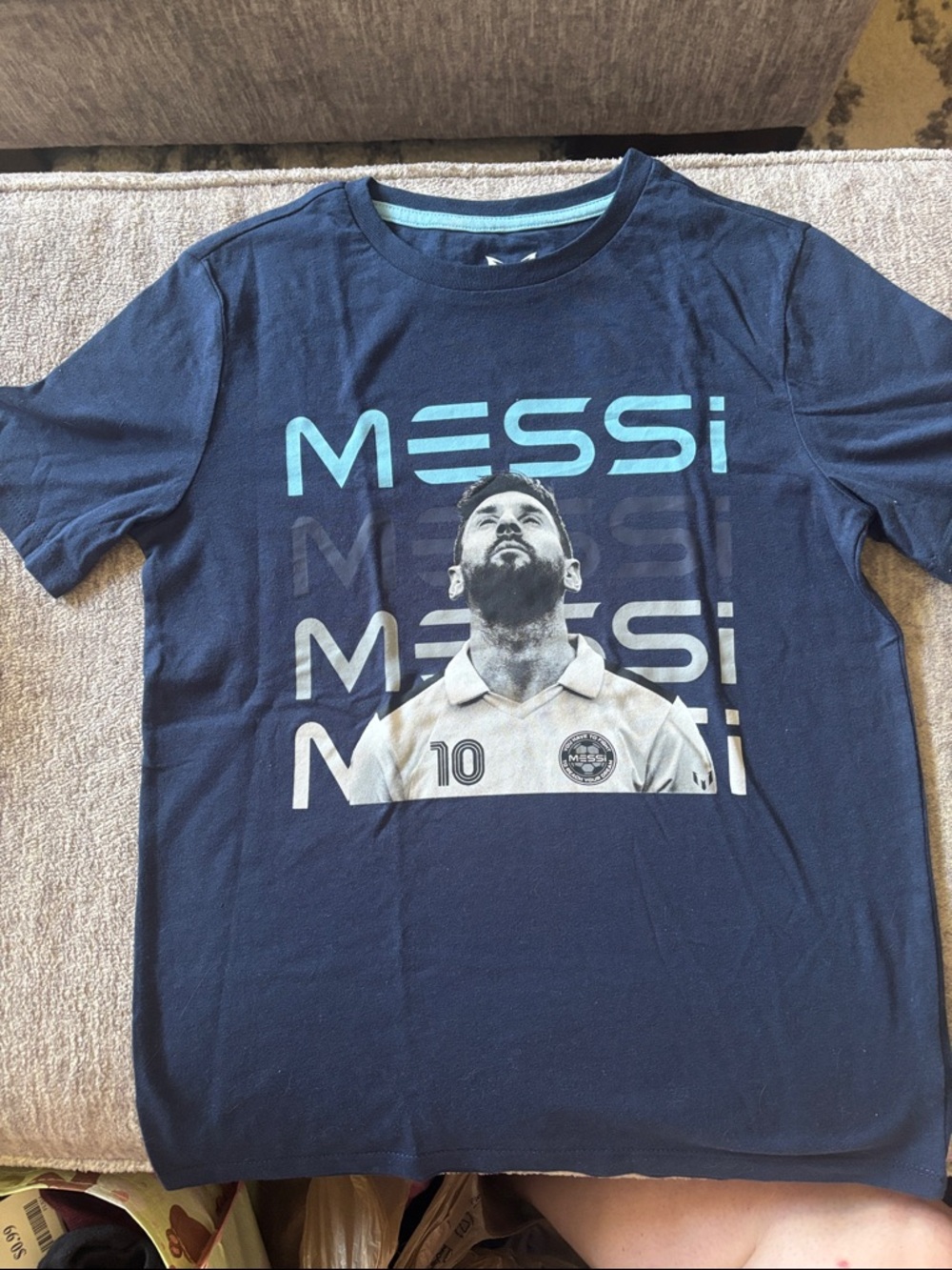 MESSI Graphic Tee in Navy with Light Blue Print